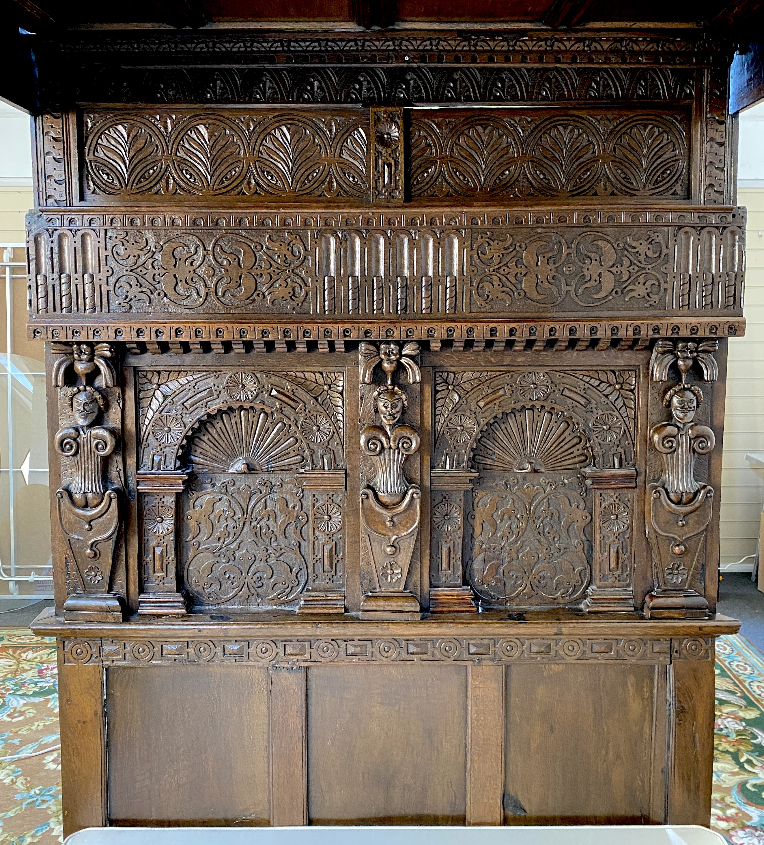 A 17th century style oak tester bedstead, width 144cm, length 202cm, height 206cm